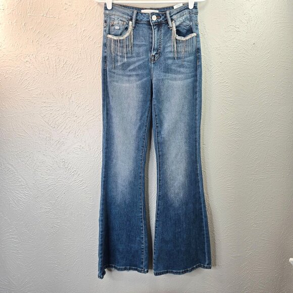Risen Embellsied Flare Jeans High Waisted Dark Blue Wash Stretch Denim Size 26 - Picture 1 of 12
